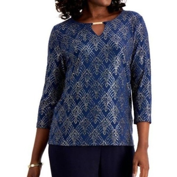 JM Collection Keyhole Jacquard Top Deep Intrepid Blue Silver Gold Cb L - Picture 1 of 3